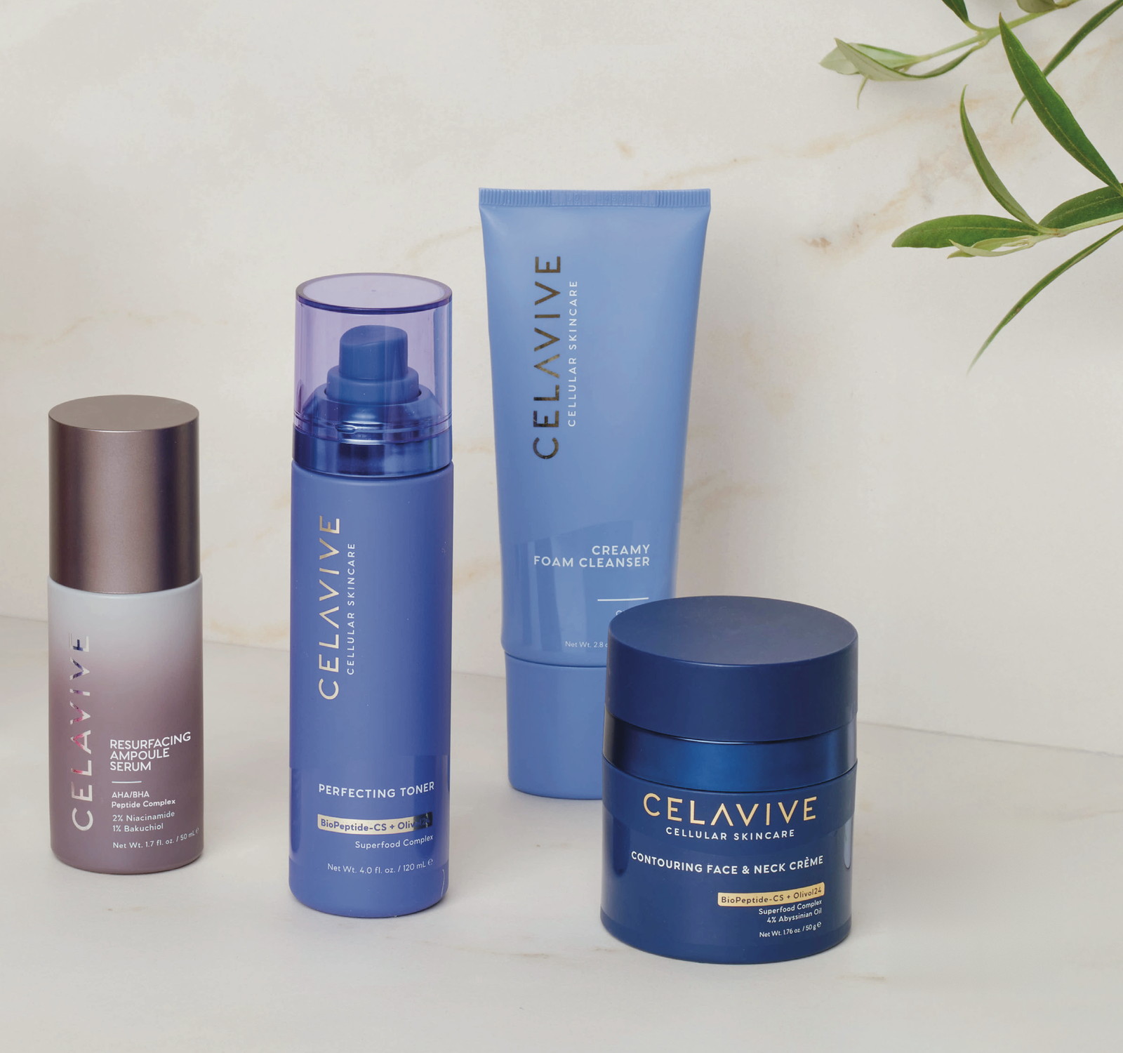 CELAVIVE 셀라비브 스킨케어 — 리서페이싱 앰플 세럼, 퍼펙팅 토너, 크리미 폼 클렌저, 컨투어링 페이스 앤 넥 크림