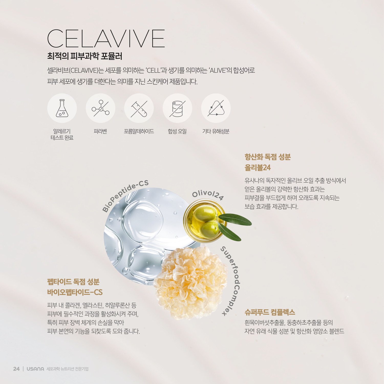 셀라비브 독점 성분 — 올리볼24, 바이오펩타이드-CS, 슈퍼푸드 컴플렉스