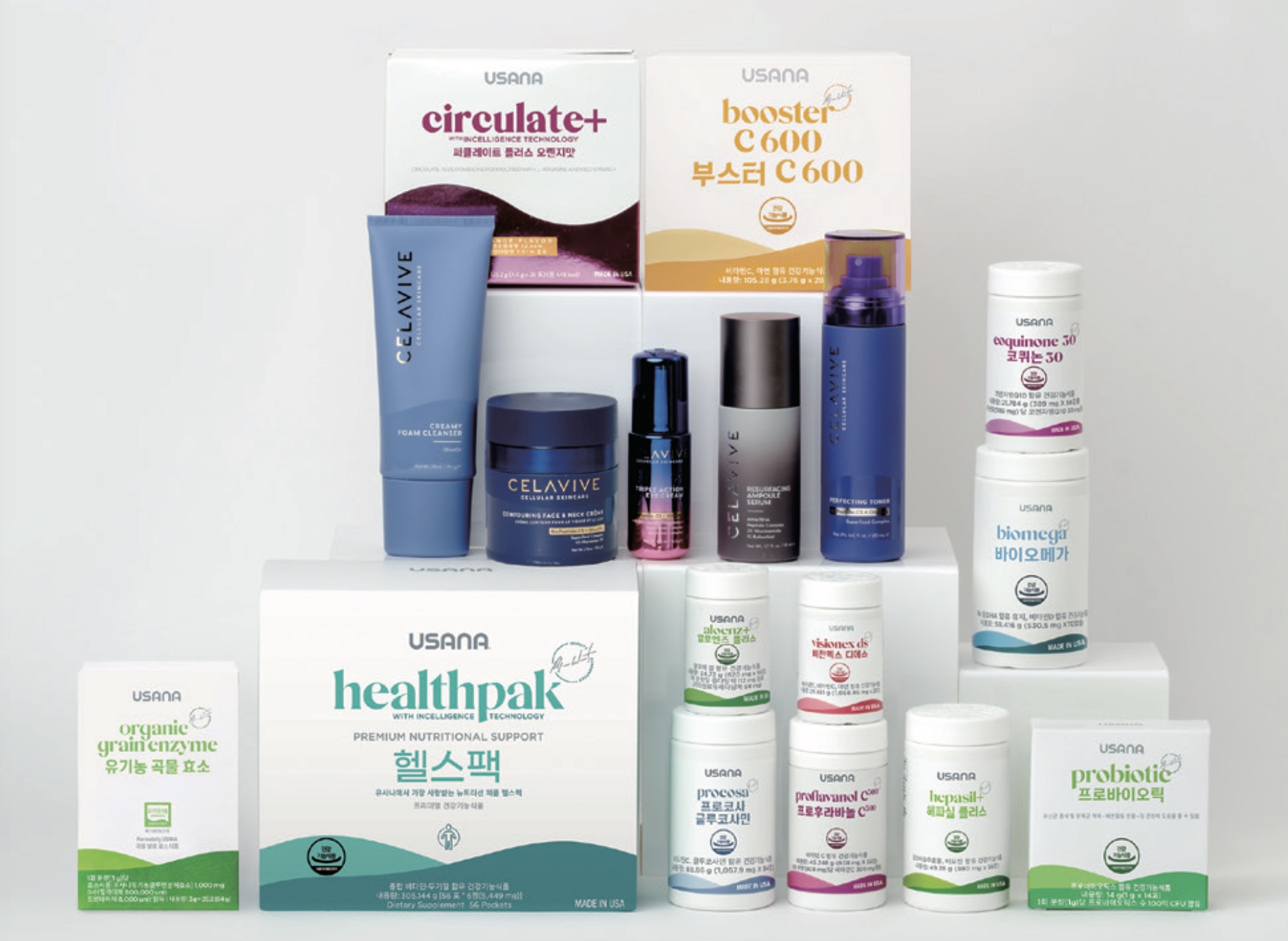 USANA 제품 라인업 — 헬스팩, 부스터 C600, 셀라비브, 프로바이오틱 등